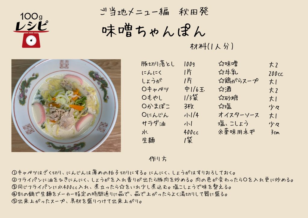 キャベツはざく切り、ニンジンは拍子切りにしておく（ニンジンは下茹でしておく）。 フライパンに油をひいてにんにく、しょうがを入れ香りが出たら豚肉を炒める。〇を入れ更に炒める。 同じフライパンに水400ccいれ煮立ったら☆を入れ少し煮込む。 別の鍋でメーカーの指定通りに生麺を茹でる。茹であがったらよく湯を切りラーメン丼に盛り、スープと具を 入れて出来上がり。長ネギを薬味にどうぞ。
