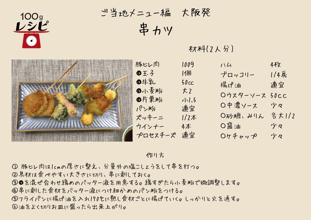 豚ヒレ肉は1cmの厚さに整え、分量外の塩こしょうをして串を打つ。 ◉は食べやすい大きさに切り、串に刺しておく。 ●を混ぜ合わせ緩めのバッター液を用意する。緩すぎたら小麦粉で微調整します。 串に刺した食材をバッター液につけ細かめのパン粉をつける。 フライパンに揚げ油を入れ170℃に熱し食材ごとに揚げていく。しっかりと火を通す。 油をよく切りお皿に盛ったら出来上がり。