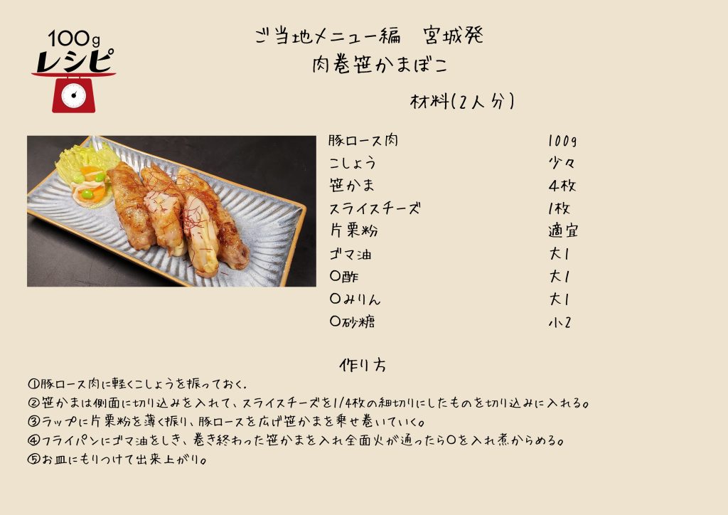 豚ロース肉に軽くこしょうを振っておく. 笹かまは側面に切り込みを入れて、スライスチーズを1/4枚の細切りにしたものを切り込みに入れる。 ラップに片栗粉を薄く振り、豚ロースを広げ笹かまを乗せ巻いていく。 フライパンにゴマ油をしき、巻き終わった笹かまを入れ全面火が通ったら〇を入れ煮からめる。 お皿にもりつけて出来上がり。