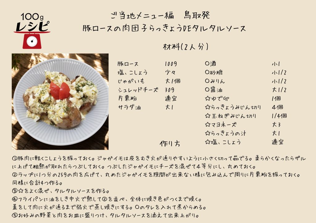 作り方 豚肉に軽くこしょうを振っておく。ジャガイモは皮をむき火が通りやすいように小さく切って茹でる。柔らかくなったらザルに上げて粗熱が取れたらつぶしておく。つぶしたジャガイモにチーズを混ぜて４等分にし丸めておく。 ラップに1つ分の肉25ｇを広げて、丸めたジャガイモを包み込んで周りに片栗粉を振っておく。 ☆をよく混ぜ、タルタルソースを作る。同様に残り3個を作る。 フライパンに油をしき中火で熱して肉を並べ、全体に焼き色がつくまで焼く。蓋をして肉に火が通るまで弱火で蒸し焼きにする。〇のタレを入れて煮からめる。 お皿にもりつけてタルタルソースを添えて出来上がり。