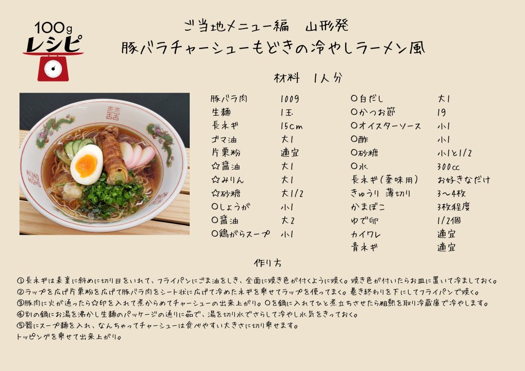 長ネギは表裏に斜めに切り目をいれて、フライパンにごま油をしき、全面に焼き色が付くように焼く。焼き色が付いたらお皿に置いて冷ましておく。 ラップを広げ片栗粉を広げて豚バラ肉をシート状に広げて冷めたネギを乗せてラップを使ってまく。 巻き終わりを下にしてフライパンで焼く。 豚肉に火が通ったら☆印を入れて煮からめてチャーシューの出来上がり。 〇を鍋に入れてひと煮立ちさせたら粗熱を取り冷蔵庫で冷やします。 別の鍋にお湯を沸かし生麺のパッケージの通りに茹で、湯を切り水でさらして冷やし水気をきっておく。 器にスープ麺を入れ、なんちゃってチャーシューは食べやすい大きさに切り乗せます。 トッピングを乗せて出来上がり。
