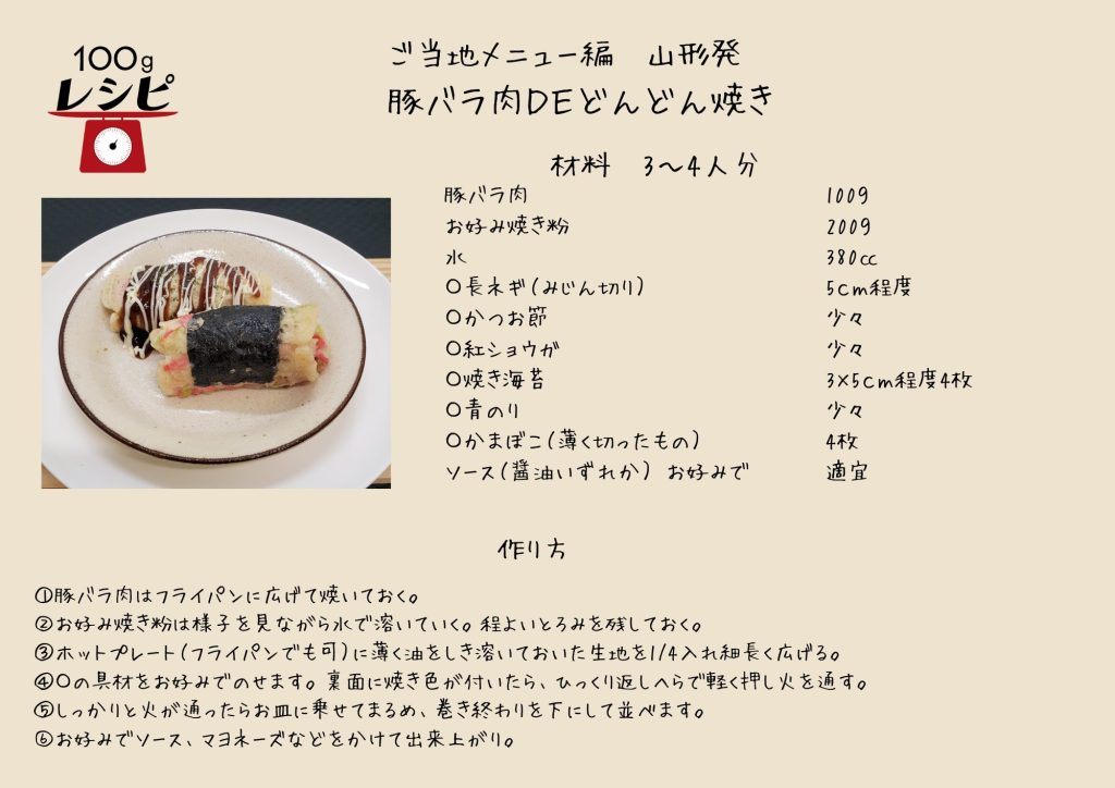 豚バラ肉はフライパンに広げて焼いておく。 お好み焼き粉は様子を見ながら水で溶いていく。程よいとろみを残しておく。 ホットプレート（フライパンでも可）に薄く油をしき溶いておいた生地を1/4入れ細長く広げる。 具材をお好みでのせます。裏面に焼き色が付いたら、ひっくり返しへらで軽く押し火を通す。 お皿に乗せて巻き終わりを下にして並べます。 お好みでソース、マヨネーズなどをかけて出来上がり。