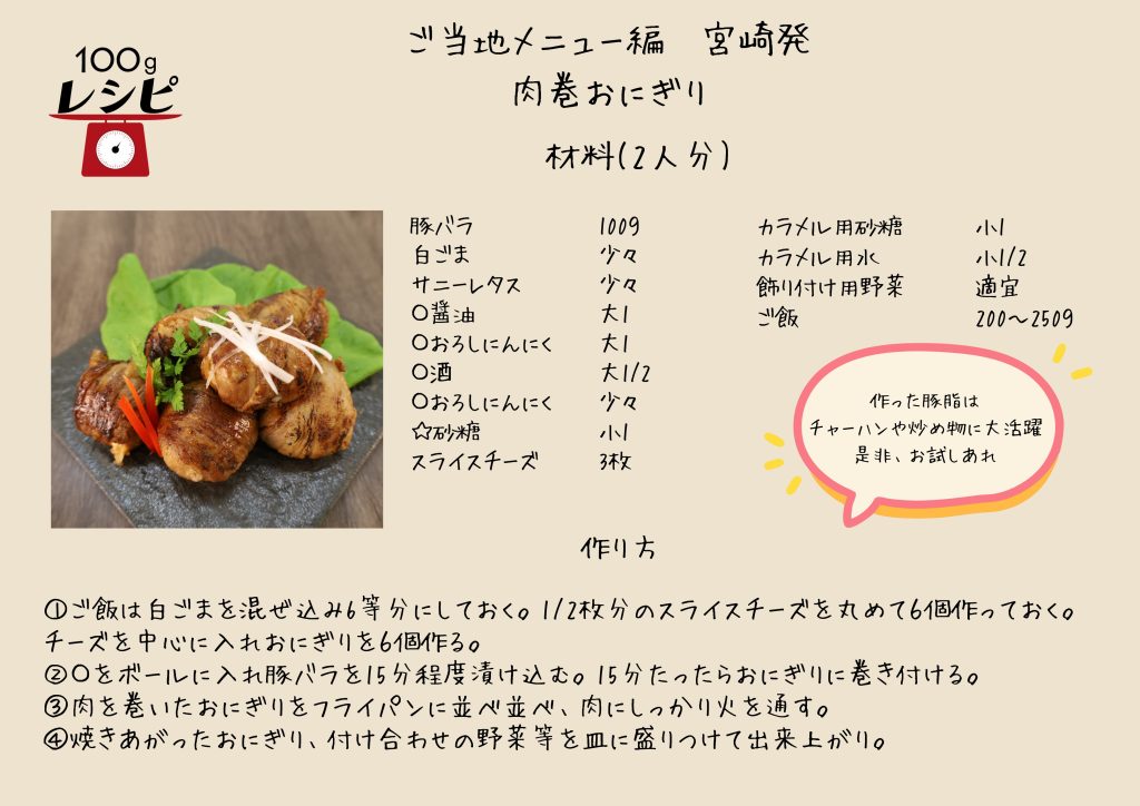 〇印の調味液を混ぜておく。 豚肉を6等分に分けて、調味液につけておく（5～10分程度）。 人肌に冷めたごはんを6等分にし、真ん中にスライスチーズを入れて丸く握る。 丸めたごはんにお肉を巻き付ける（ごはんが隠れるように）。 薄く油をひいたフライパンに並べて火をつけ、肉にしっかり火が通ったら出来上がり。