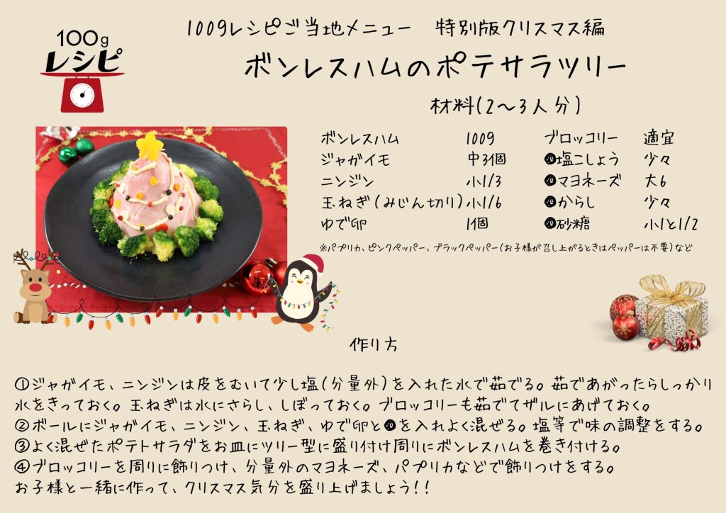 ジャガイモ、ニンジンは皮を剥き少し塩（分量外）を入れた水で茹でゆであがったらしっかり水をきっておく。玉ねぎは水にさらし、しぼっておく。ブロッコリーも茹でてザルにあげておく。 ボールにジャガイモ、ニンジン、玉ねぎ、ゆで卵と●を入れよく混ぜる。お好みで味の調整をする。よく混ぜたポテトサラダをお皿にツリー型に盛り付け周りにボンレスハムを巻き付ける。 ブロッコリーを周りに飾りつけ、分量外のマヨネーズ、パプリカなどで飾りつけをする。